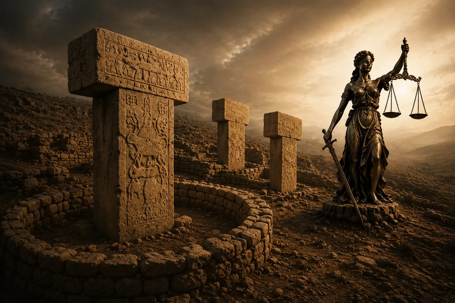 Terazi tutan adalet heykeli ve Göbeklitepe sütunları